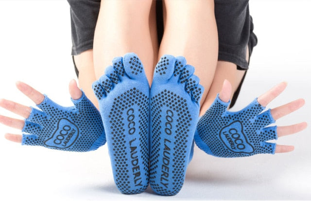 Rutschfeste Yogasocken und Halbfinger-Laufhandschuhe für Damen – 5 Farben, Baumwolle