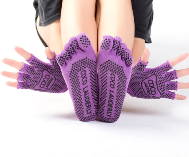 Women's Non-Slip Yoga Socks & Half Finger Running Gloves - 5 Colors, Cotton