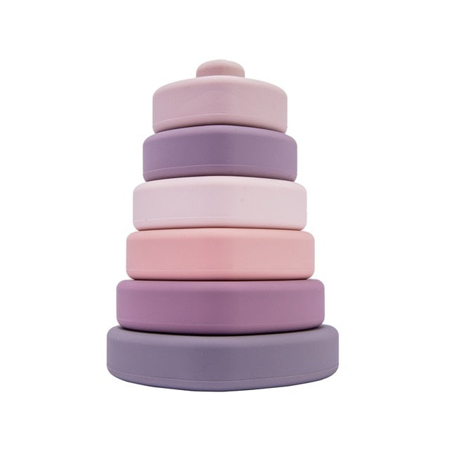 Silicone Baby Toy Soft Building Blocks - 6pcs Round Shape Rubber Montessori Stacking Set